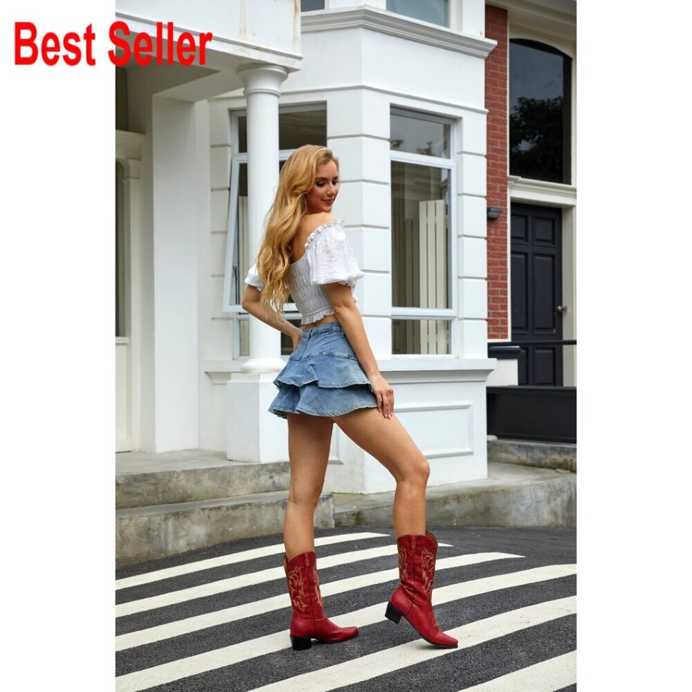 Western Boots with 2 Inch Heel, Square Toe, Embroidered Pull-On Style - Picture 7 of 7